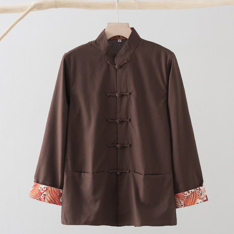 Buddha Stones Solid Embroidered Waves Long Sleeve Frog-Button Cotton Linen Men's Shirt - Sienna - US/UK/AU44，EU54 (4XL) - image 11