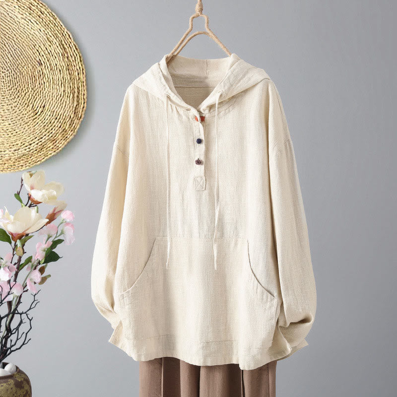 Buddha Stones Women's Plain Buttons Design Cotton Long Sleeve Hoodie With Pockets - Beige - US12，UK/AU16，EU44 (2XL) - image 0