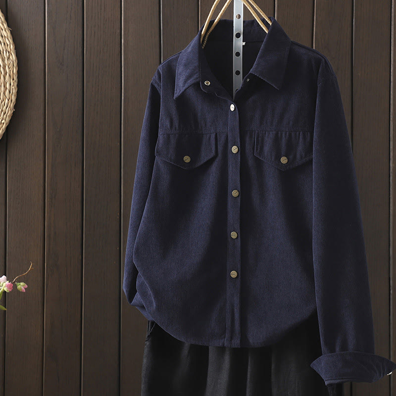 Buddha Stones Commute Plain Buttons Cotton Corduroy Women's Long Sleeve Shirt - MidnightBlue - US8-10，UK/AU12-14，EU40-42 (2XL) - image 0