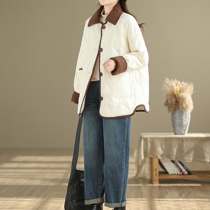 Buddha Stones Contrasting Color Lapel Women's Long Sleeve Cotton Jacket With Pockets - image 4