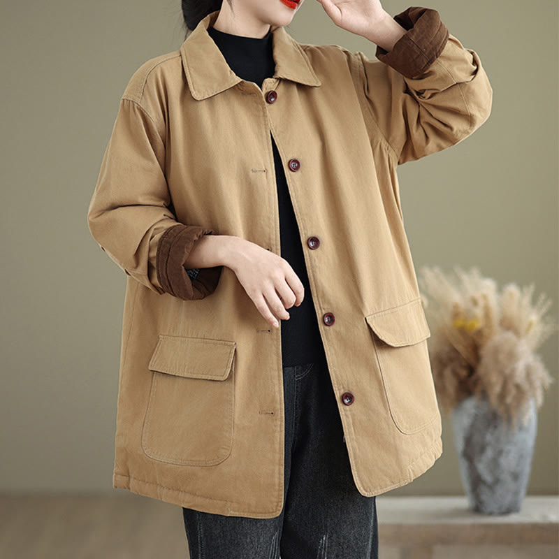 Buddha Stones Plain Lapel Buttons Design Women's Long Sleeve Quilted Cotton Jacket With Pockets - image 1