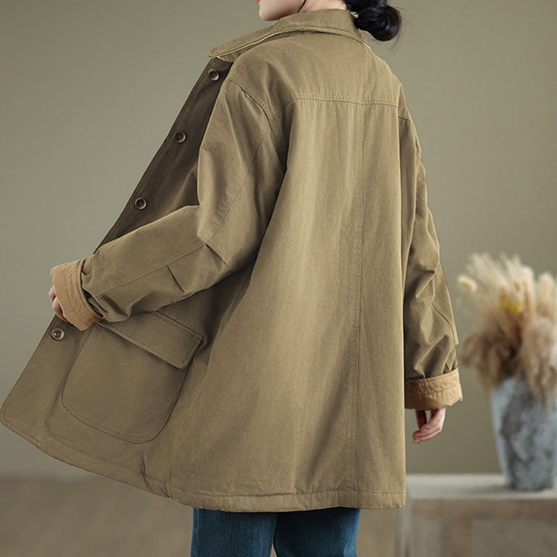 Buddha Stones Plain Lapel Buttons Design Women's Long Sleeve Quilted Cotton Jacket With Pockets - image 17