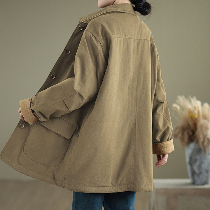 Buddha Stones Plain Lapel Buttons Design Women's Long Sleeve Quilted Cotton Jacket With Pockets - image 17