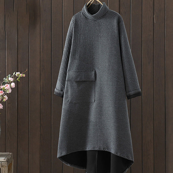 Buddha Stones Pure Color Irregular Design Cotton Turtleneck Long Sleeve Midi Dress With Pocket - SlateGray - US8-10，UK/AU12-14，EU40-42 (2XL) - image 7