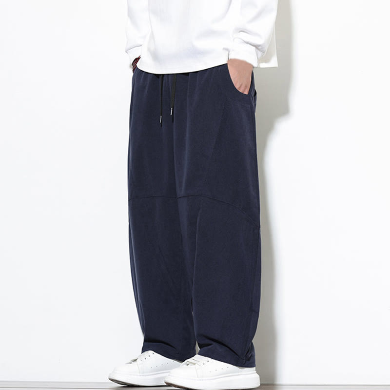 Buddha Stones Drawstring Solid Color Tapered Design Cotton Corduroy Men's Harem Pants With Pockets - image 2