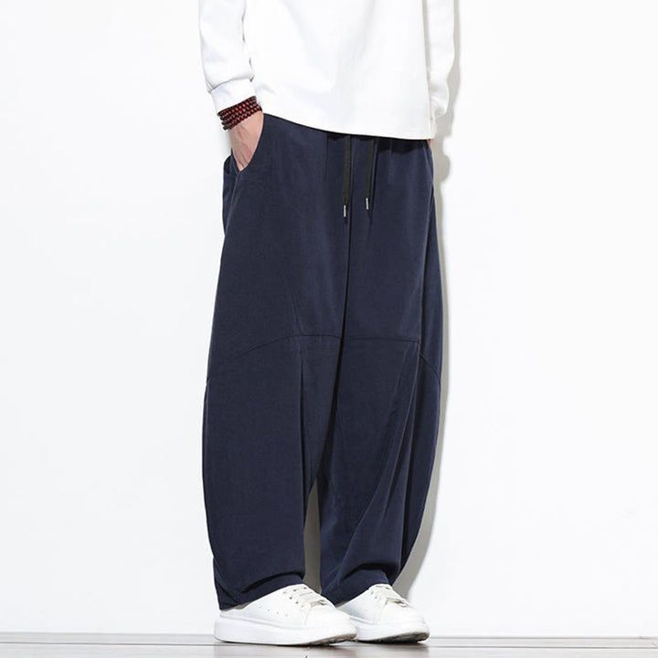 Buddha Stones Drawstring Solid Color Tapered Design Cotton Corduroy Men's Harem Pants With Pockets - image 4