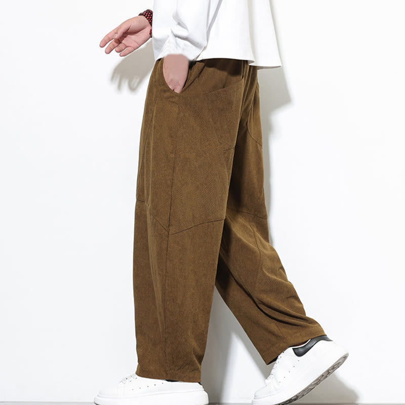 Buddha Stones Drawstring Solid Color Tapered Design Cotton Corduroy Men's Harem Pants With Pockets - image 36