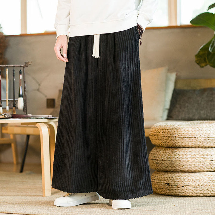 Buddha Stones Commute Plain Drawstring Men's Wide Leg Cotton Corduroy Pants With Pockets - image 5