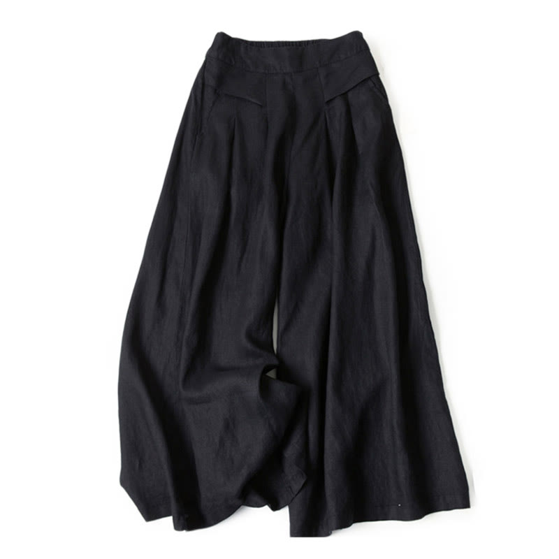 Buddha Stones Plain Color Cotton Linen High Waist Wide Leg Pants With Pockets - Black - US16，UK/AU20，EU48 (3XL) - image 21