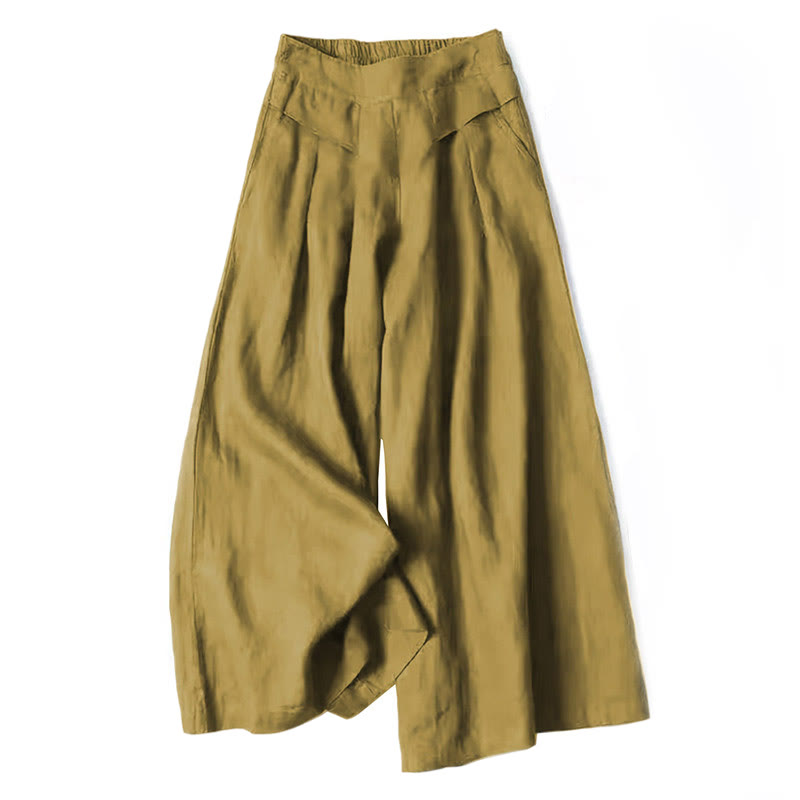 Buddha Stones Plain Color Cotton Linen High Waist Wide Leg Pants With Pockets - DarkKhaki - US16，UK/AU20，EU48 (3XL) - image 9