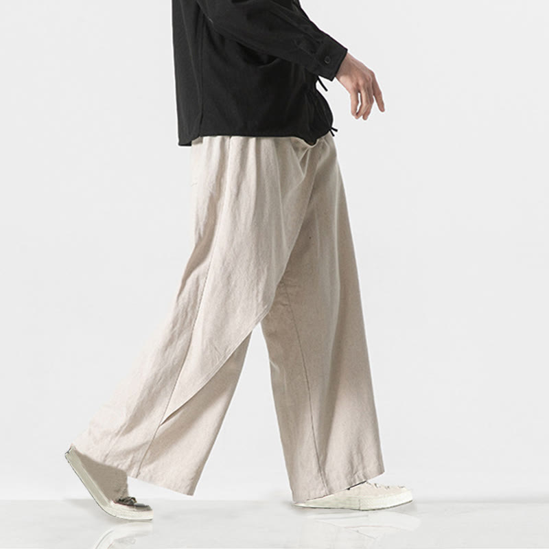 Buddha Stones Asymmetrical Patched Design Plain Men's Cotton Pants With Pockets - image 24