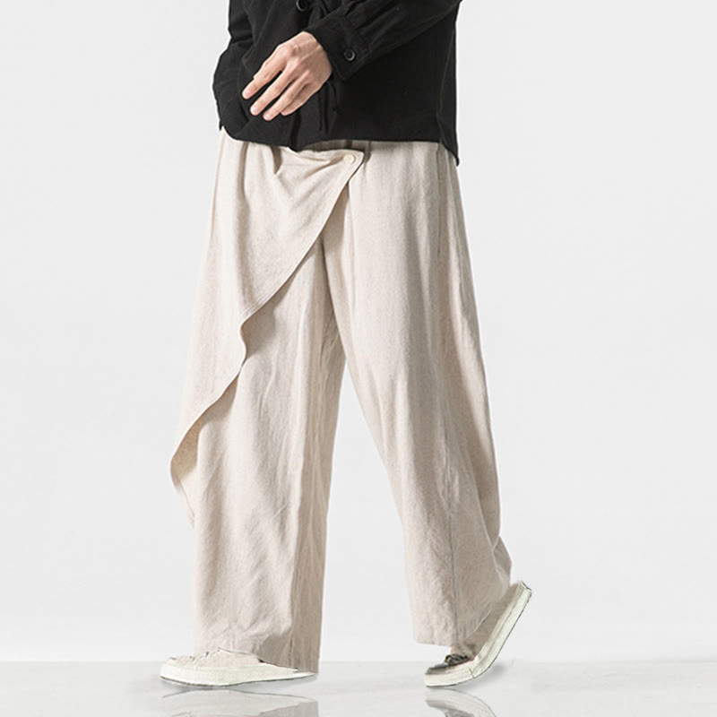 Buddha Stones Asymmetrical Patched Design Plain Men's Cotton Pants With Pockets - image 20