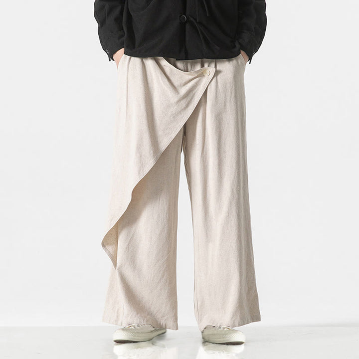 Buddha Stones Asymmetrical Patched Design Plain Men's Cotton Pants With Pockets - image 23
