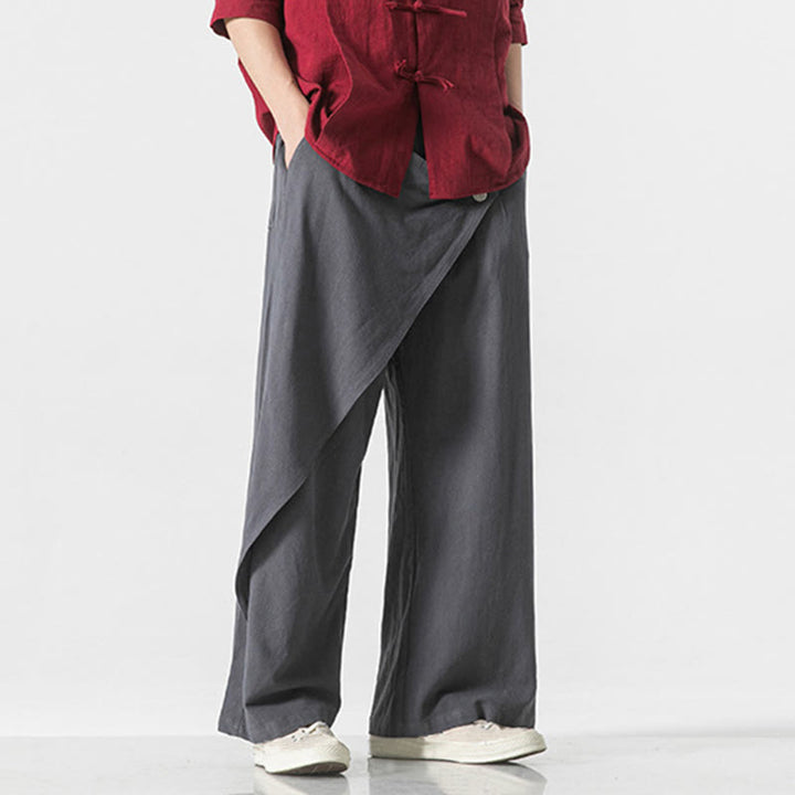 Buddha Stones Asymmetrical Patched Design Plain Men's Cotton Pants With Pockets - image 7