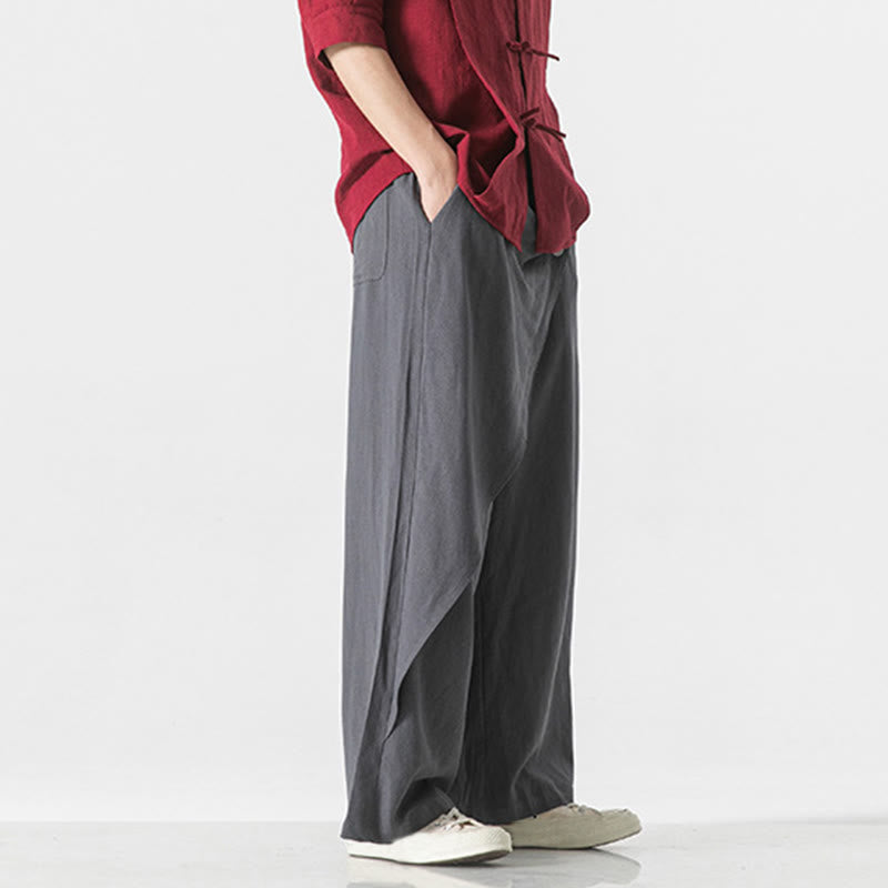 Buddha Stones Asymmetrical Patched Design Plain Men's Cotton Pants With Pockets - image 8