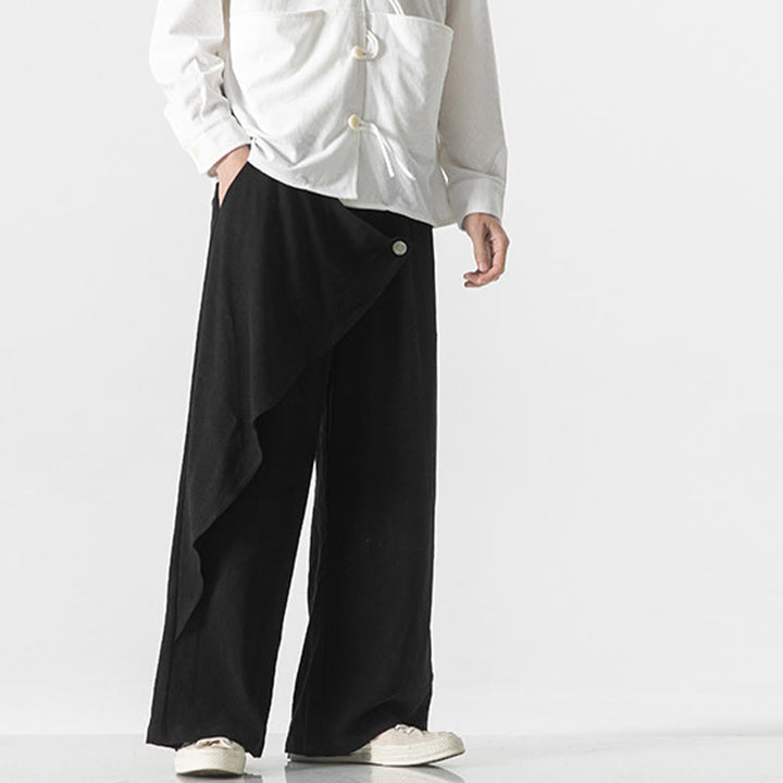 Buddha Stones Asymmetrical Patched Design Plain Men's Cotton Pants With Pockets - image 15