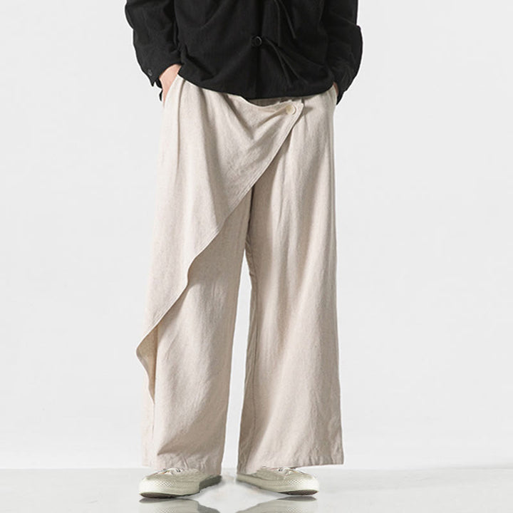Buddha Stones Asymmetrical Patched Design Plain Men's Cotton Pants With Pockets - image 28