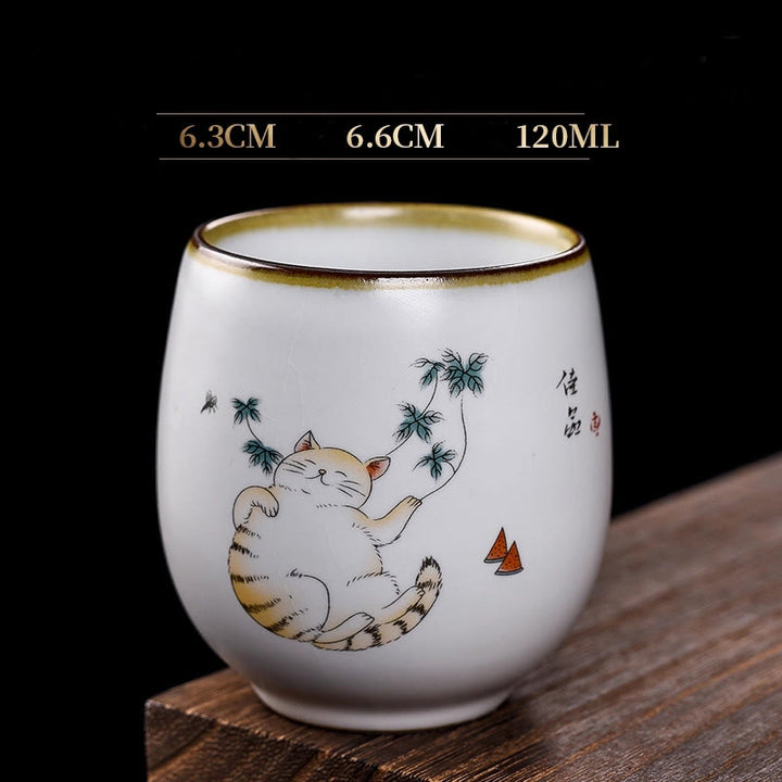 Buddha Stones Cute Lying Cat Branches Teacup Kung Fu Tea Cup With Gift Box - Lying Cat & Leaves 6.3cm*6.6cm*120ml - image 13
