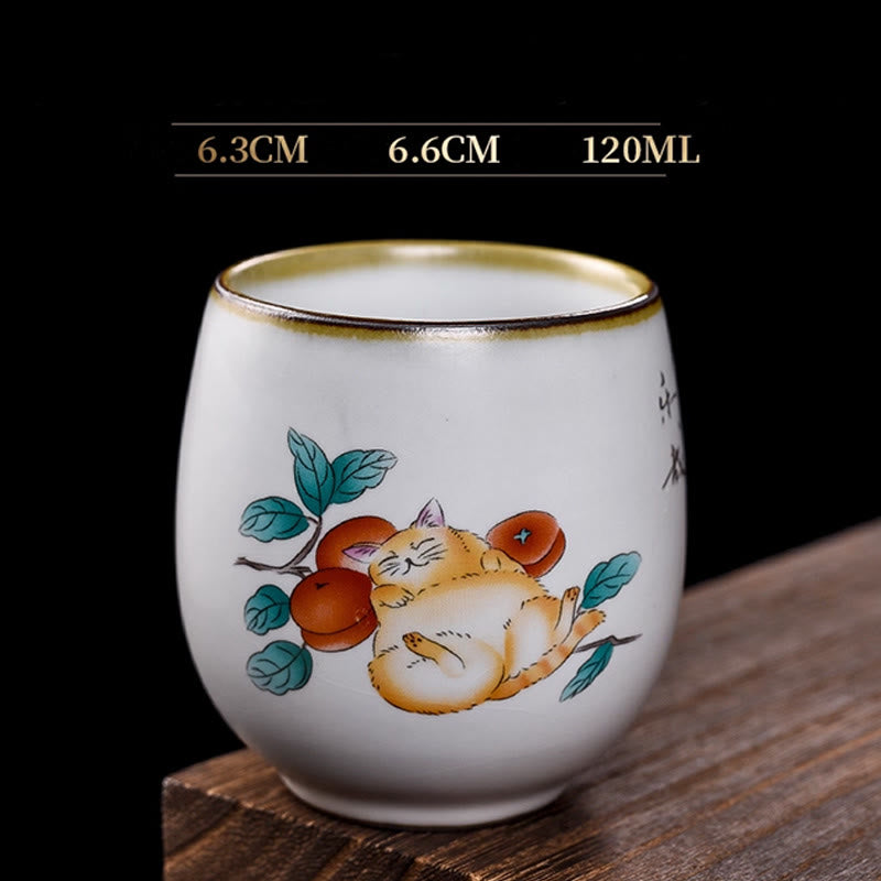 Buddha Stones Cute Lying Cat Branches Teacup Kung Fu Tea Cup - Lying Cat & Branches 6.3cm*6.6cm*120ml - image 0