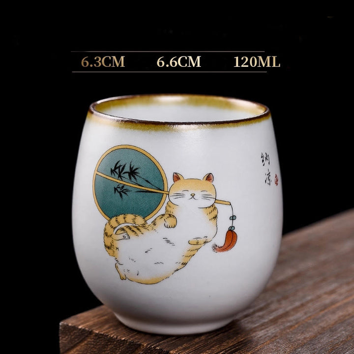 Buddha Stones Cute Lying Cat Branches Teacup Kung Fu Tea Cup With Gift Box - Lying Cat & Fan 6.3cm*6.6cm*120ml - image 14
