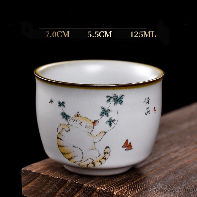 Buddha Stones Cute Lying Cat Branches Teacup Kung Fu Tea Cup - Lying Cat & Leaves 7cm*5.5cm*125ml - image 17
