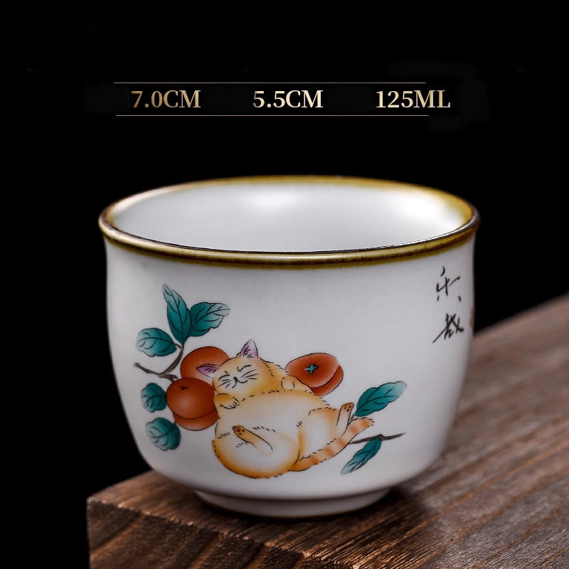 Buddha Stones Cute Lying Cat Branches Teacup Kung Fu Tea Cup With Gift Box - Lying Cat & Branches 7cm*5.5cm*125ml - image 16