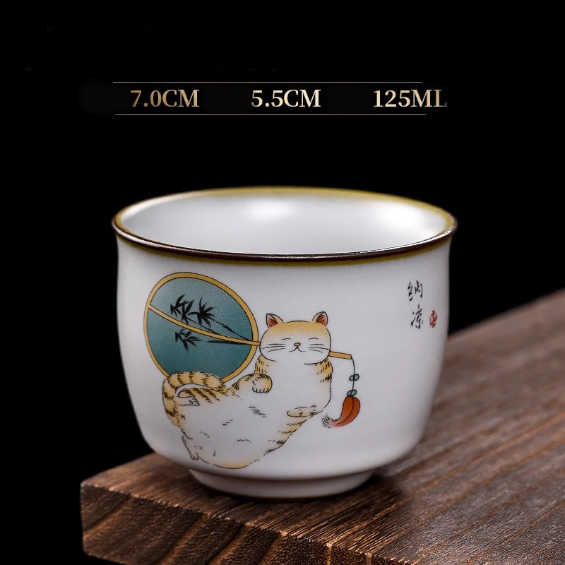 Buddha Stones Cute Lying Cat Branches Teacup Kung Fu Tea Cup With Gift Box - Lying Cat & Fan 7cm*5.5cm*125ml - image 19