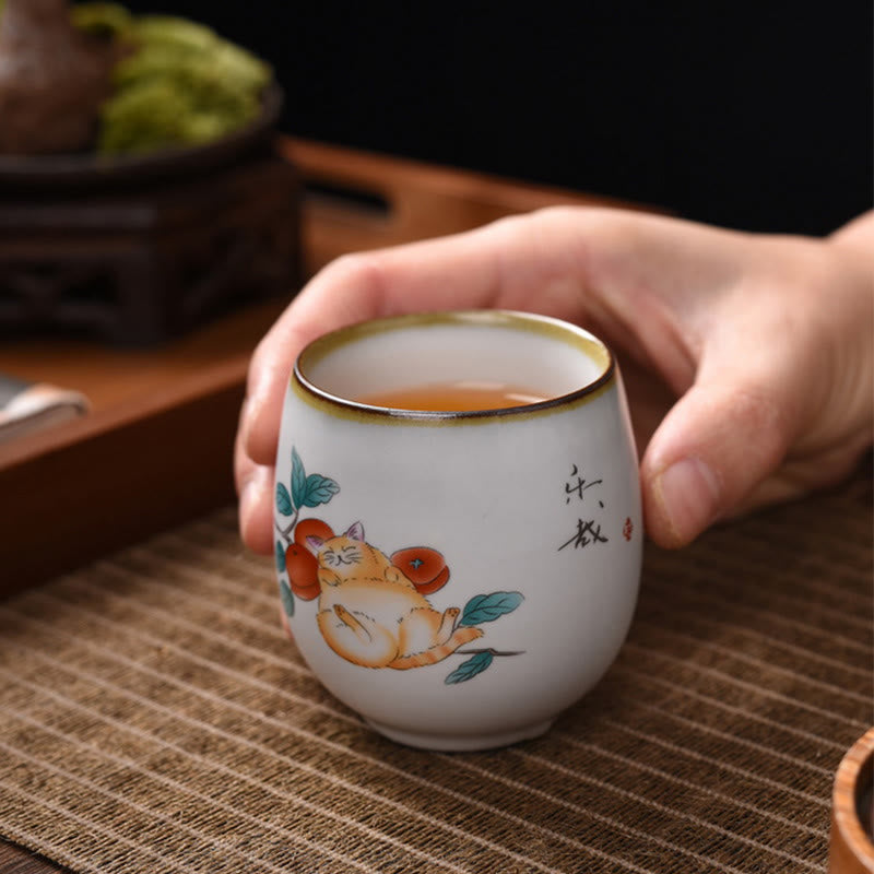Buddha Stones Cute Lying Cat Branches Teacup Kung Fu Tea Cup With Gift Box - image 4