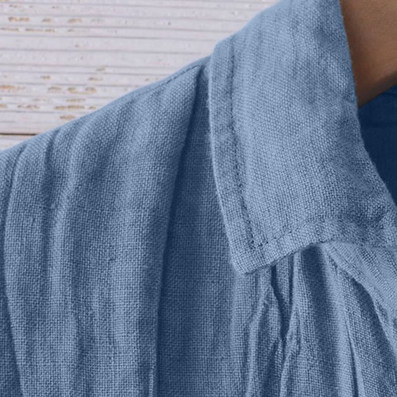 Buddha Stones Men's Shirt Solid Color Lapel Top Short Sleeve Comfy Button Crease Cotton Linen Shirt - image 16