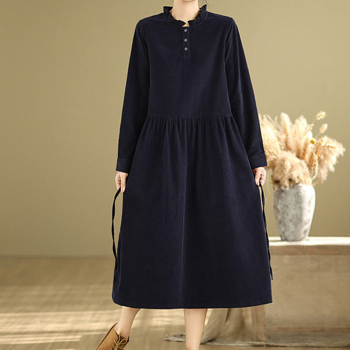 Buddha Stones Lace-Up Design Ruffled Crew Neck Cotton Corduroy Long Sleeve Midi Dress With Pockets - image 6