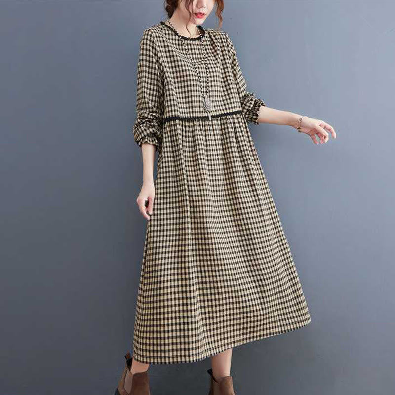 Buddha Stones Fall Plaid Pattern Ruffled Crew Neck Design Cotton Long Sleeve Midi Dress With Pockets - Black - US8-10，UK/AU12-14，EU40-42 (2XL) - image 6