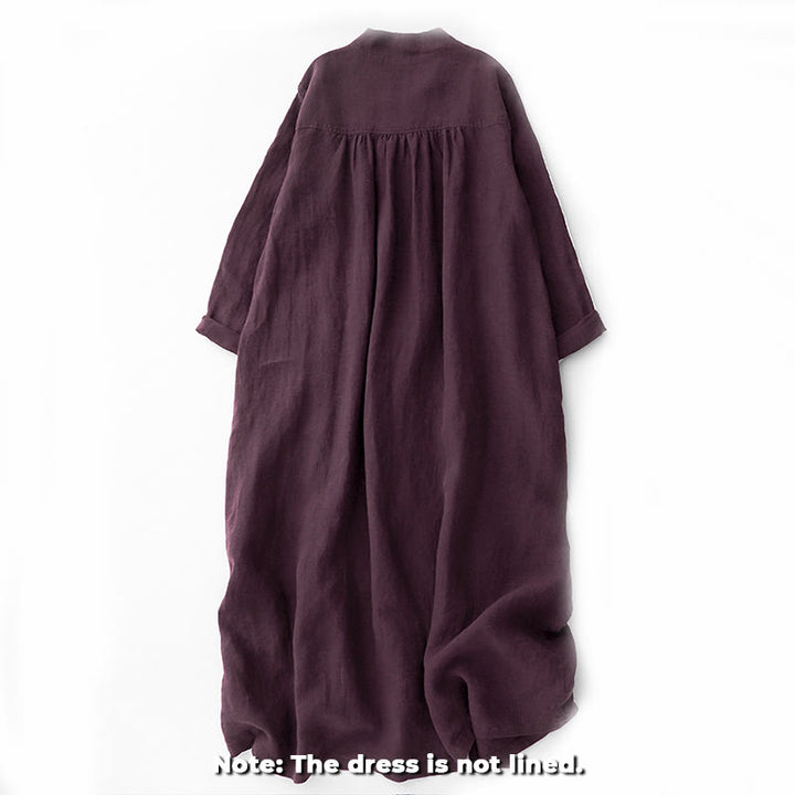 Buddha Stones Fall DarkMagenta V-Neck Buttons Design Cotton Long Sleeve Midi Dress - image 1