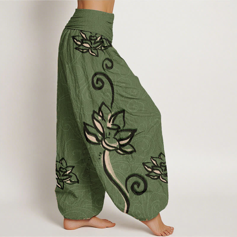 Buddha Stones Pure Cotton Casual Lotus Auspicious Clouds Design Women's Elastic Waist Harem Pants - image 2