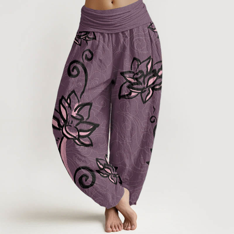 Buddha Stones Pure Cotton Casual Lotus Auspicious Clouds Design Women's Elastic Waist Harem Pants - DarkMagenta - US22，UK/AU26，EU54 (6XL) - image 9