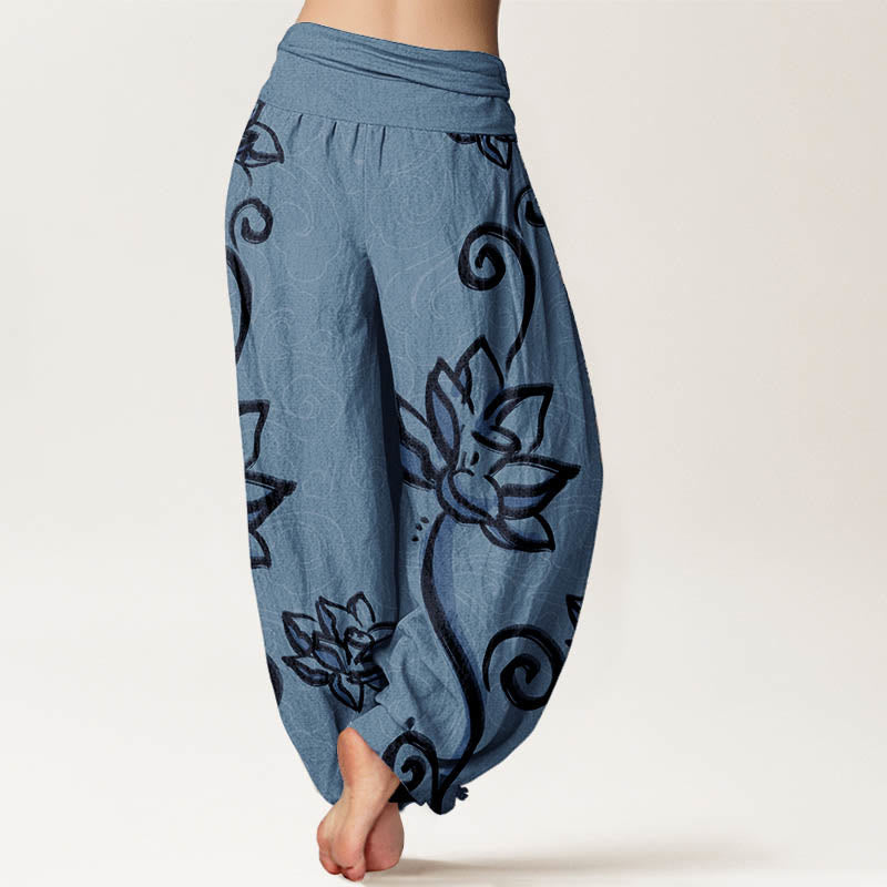 Buddha Stones Pure Cotton Casual Lotus Auspicious Clouds Design Women's Elastic Waist Harem Pants - image 7
