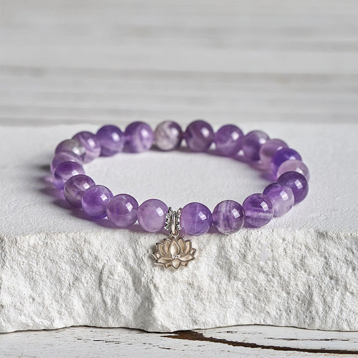 Buddha Stones 925 Sterling Silver Amethyst Lotus Design Natural Balance Bead Bracelet - 20cm - 8mm - image 0