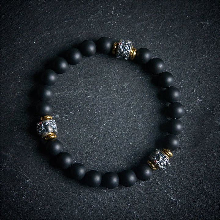 Buddha Stones Natural Frosted Black Onyx Buddha Face Protection Bracelet - 20cm - image 0