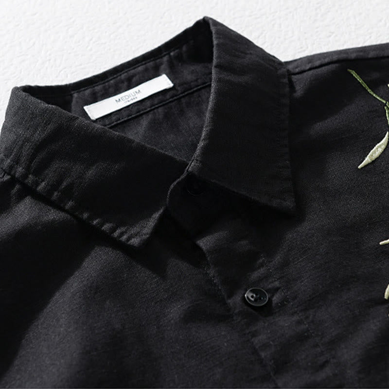 Buddha Stones Embroidery Leaves Pattern Men's Long Sleeve Cotton Linen Shirt - image 1