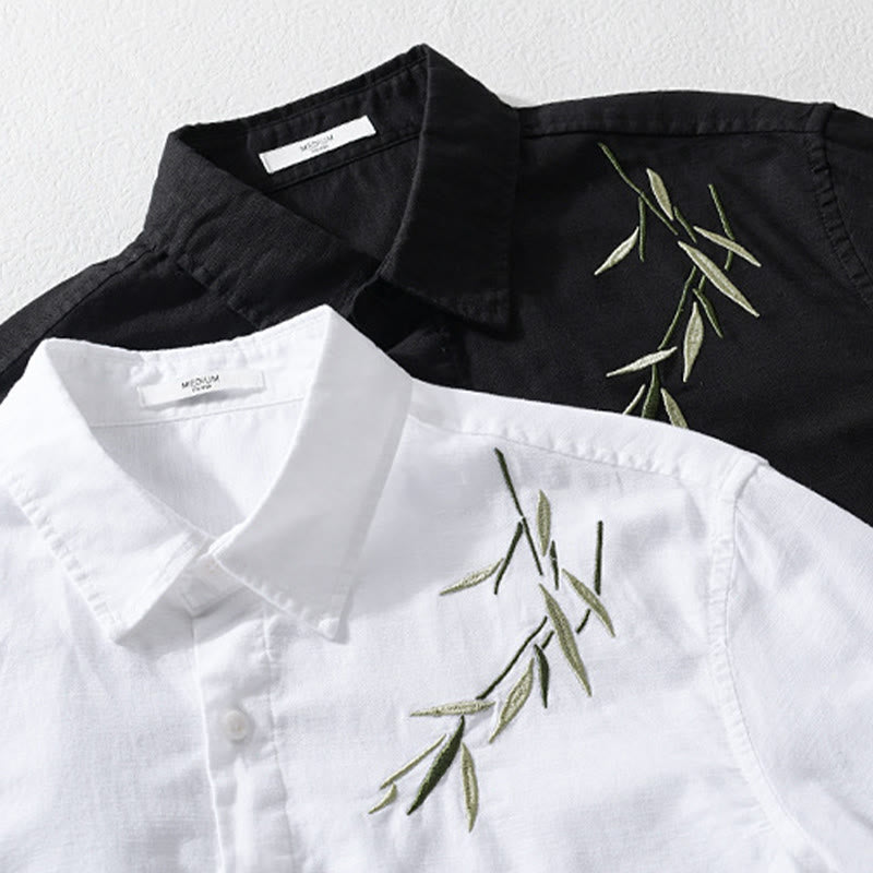 Buddha Stones Embroidery Leaves Pattern Men's Long Sleeve Cotton Linen Shirt - image 14