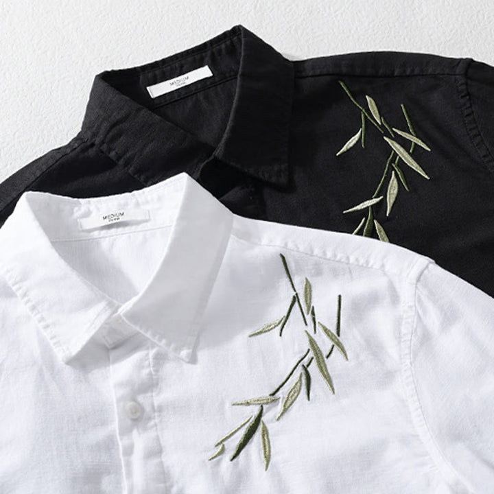 Buddha Stones Embroidery Leaves Pattern Men's Long Sleeve Cotton Linen Shirt - image 14