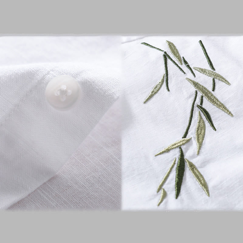 Buddha Stones Embroidery Leaves Pattern Men's Long Sleeve Cotton Linen Shirt - image 11