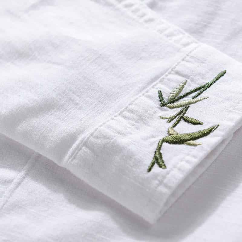 Buddha Stones Embroidery Leaves Pattern Men's Long Sleeve Cotton Linen Shirt - image 10