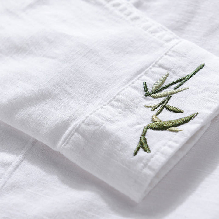 Buddha Stones Embroidery Leaves Pattern Men's Long Sleeve Cotton Linen Shirt - image 10