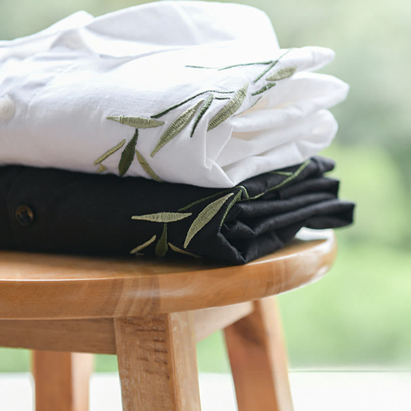 Buddha Stones Embroidery Leaves Pattern Men's Long Sleeve Cotton Linen Shirt - image 15