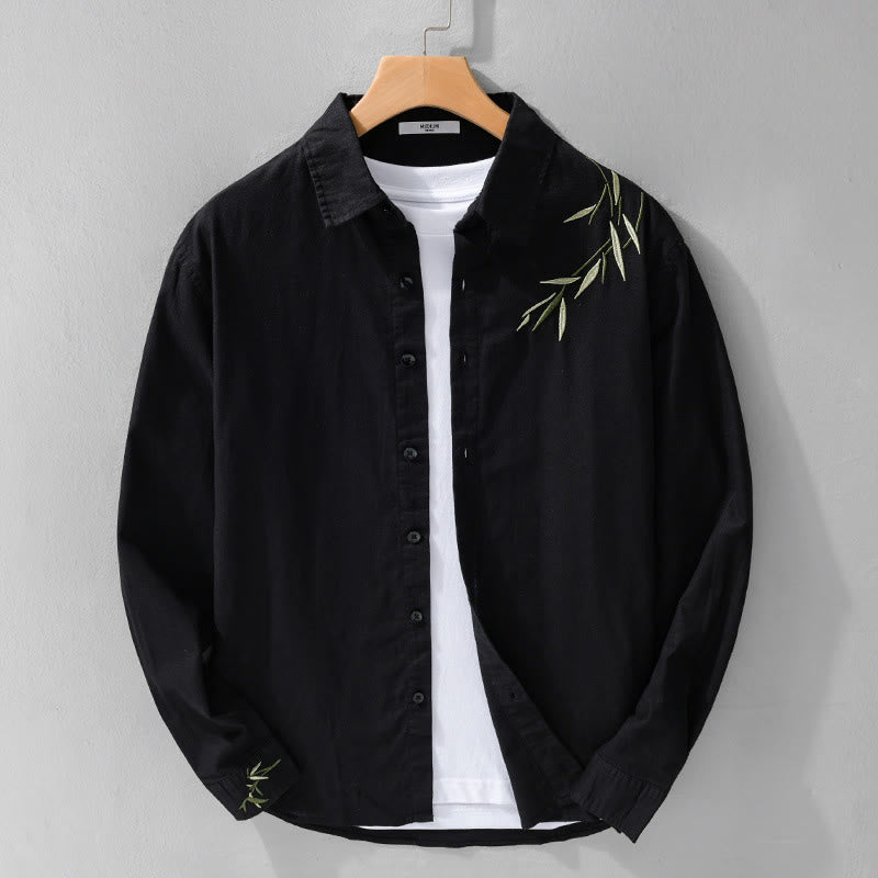 Buddha Stones Embroidery Leaves Pattern Men's Long Sleeve Cotton Linen Shirt - Black - US/UK/AU42，EU52 (3XL) - image 0