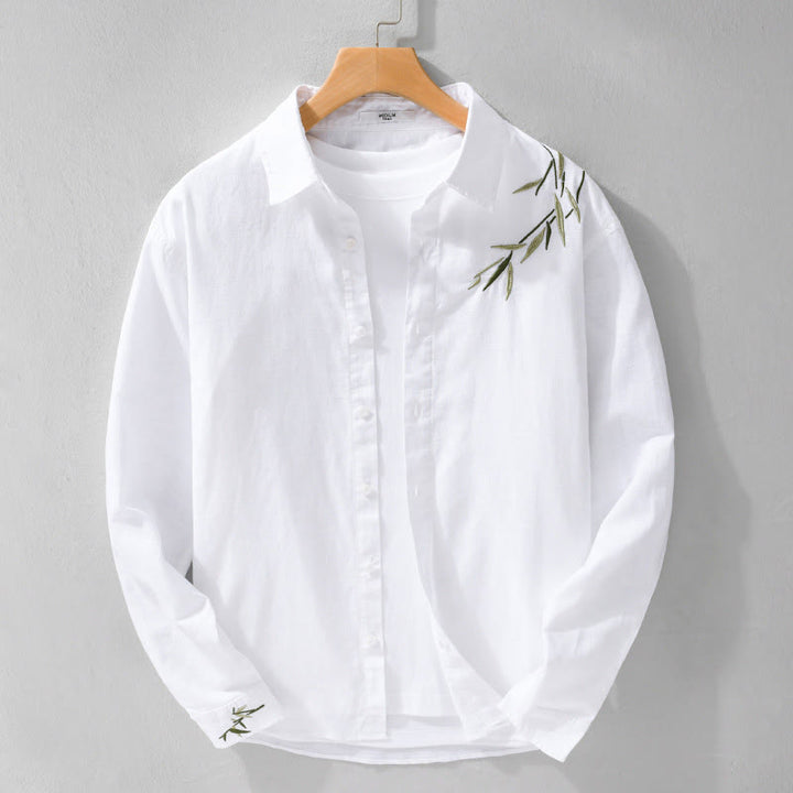 Buddha Stones Embroidery Leaves Pattern Men's Long Sleeve Cotton Linen Shirt - image 6