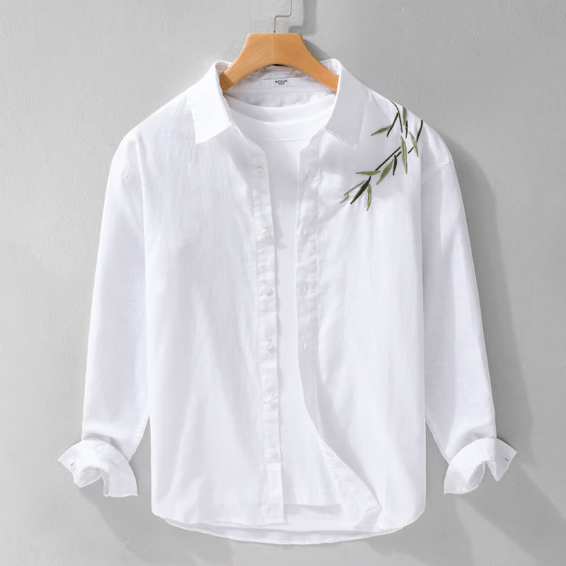 Buddha Stones Embroidery Leaves Pattern Men's Long Sleeve Cotton Linen Shirt - White - US/UK/AU42，EU52 (3XL) - image 5
