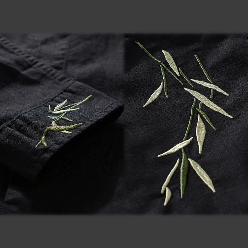 Buddha Stones Embroidery Leaves Pattern Men's Long Sleeve Cotton Linen Shirt - image 3