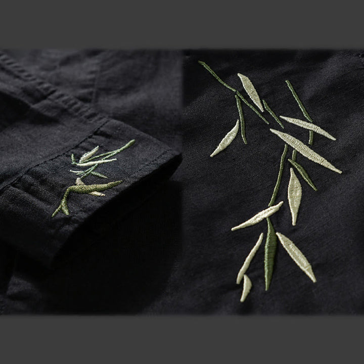Buddha Stones Embroidery Leaves Pattern Men's Long Sleeve Cotton Linen Shirt - image 3