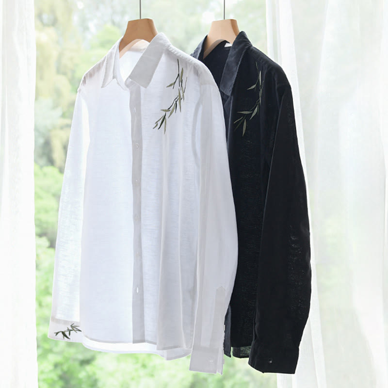 Buddha Stones Embroidery Leaves Pattern Men's Long Sleeve Cotton Linen Shirt - image 13
